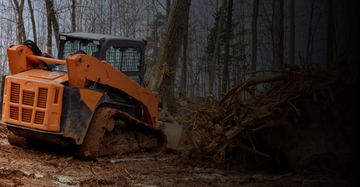 orange skid steer clearing trees off land 2